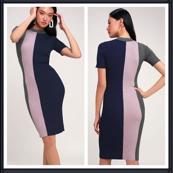 LuLu’s Dianna Navy Blue Color Block Short Sleeve Bodycon Dress - Picture 1 of 9